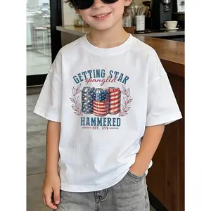 1pc Independence Day Kids' American Flag Beer Cans Print White T-Shirt, Crew Neck, Casual Tee, Medium Stretch Knit Fabric, Regular Fit for Boys & Girls Children, Alphabet Pattern, for Spring/Summer/Fall Independence Day, Labor Day, Memorial Day