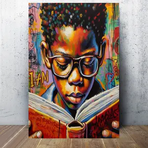 1 Piece Vibrant Black Boy Reading Canvas Wall Art - Wooden Frame Graffiti Style Decoration, Modern art design, Colorful Urban Art Suitable for Bedroom, Living Room Decoration, Boy Print Room Decoration, Bedroom Artwork, Graffiti Style Desig