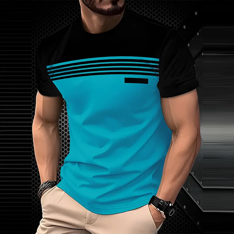 Men's Short Sleeve Crew Neck T-Shirt - Casual Menswear Top, Contrast Stripes, Striped Panel Design, Minimalist Style, Lightweight Foldable, Comfortable Versatile Summer Upper Body Wear
