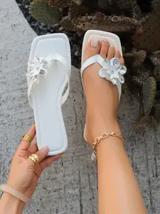 French Style Square Toe Sandals, Silver Color Flower Rhinestone, Summer Flip Flops, Comfortable for Casual & Vacation, Women's Shoes