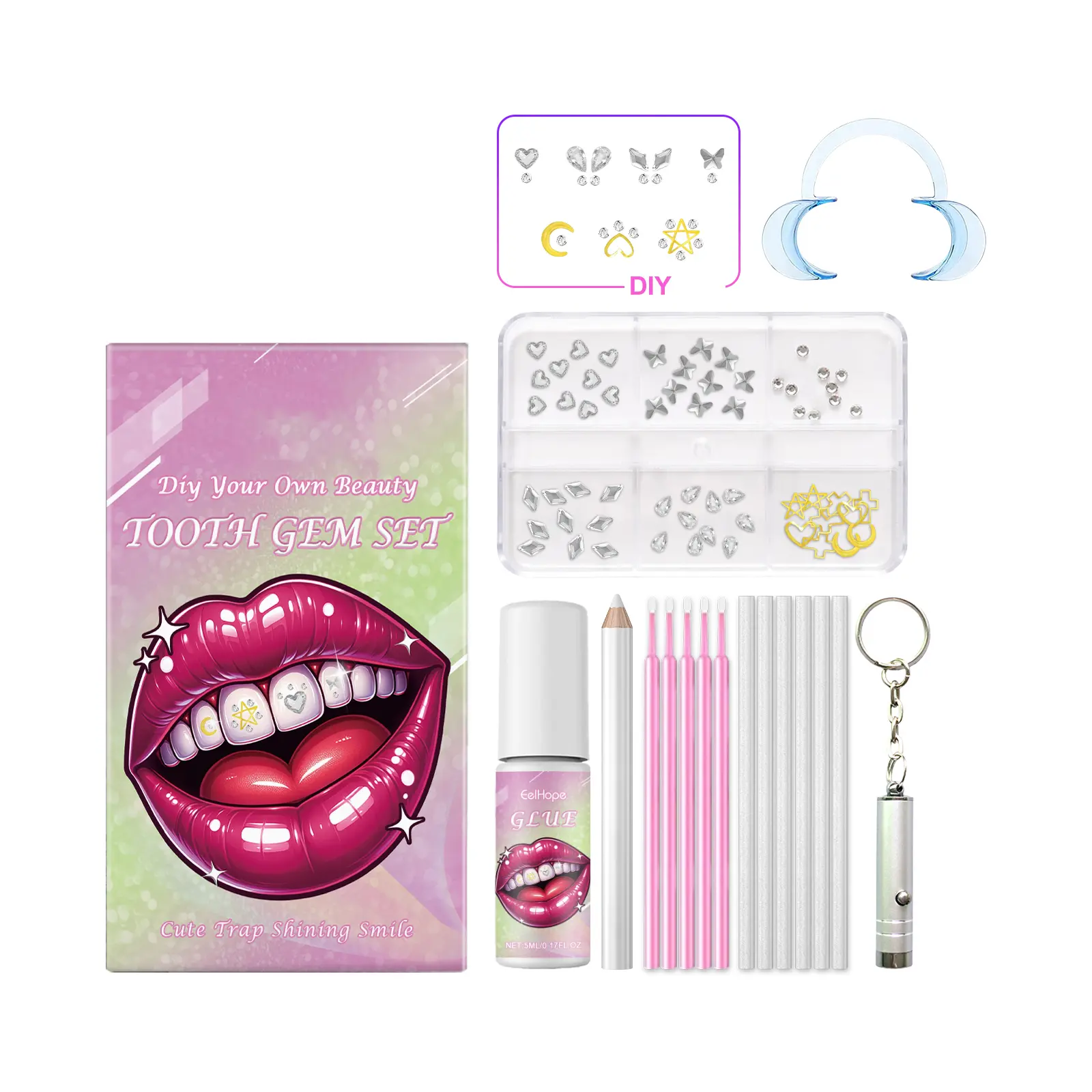 DIY Rhinestone Temporary Teeth Decoration Set - Personalized Cosmetic Accessory for Beauty & Personal Care Makeup, Temporary Tattoos Use, Acrylic, Tooth Gem, Oral, Dental Accessory, Uv Lamp, Styling