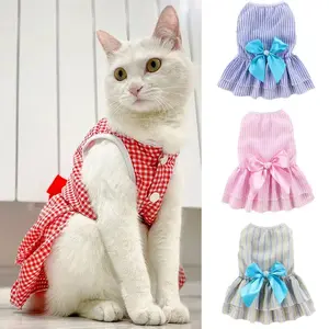 Summer Pet Cat Puppy Princess Dress Pet Clothes Striped Plaid Dresses with Bow Cats Kitten Rabbit Sphynx Clothing Pet Supplies