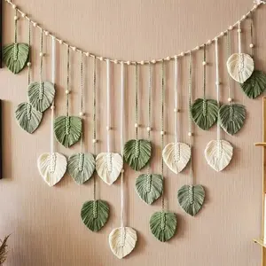 Elegant Bohemian Leaf & Feather Wall Hanging - Modern Woven Tapestry in Mixed Green, White, and Beige - Ideal for Home Decor and Gifts for Mom, Boho Decor