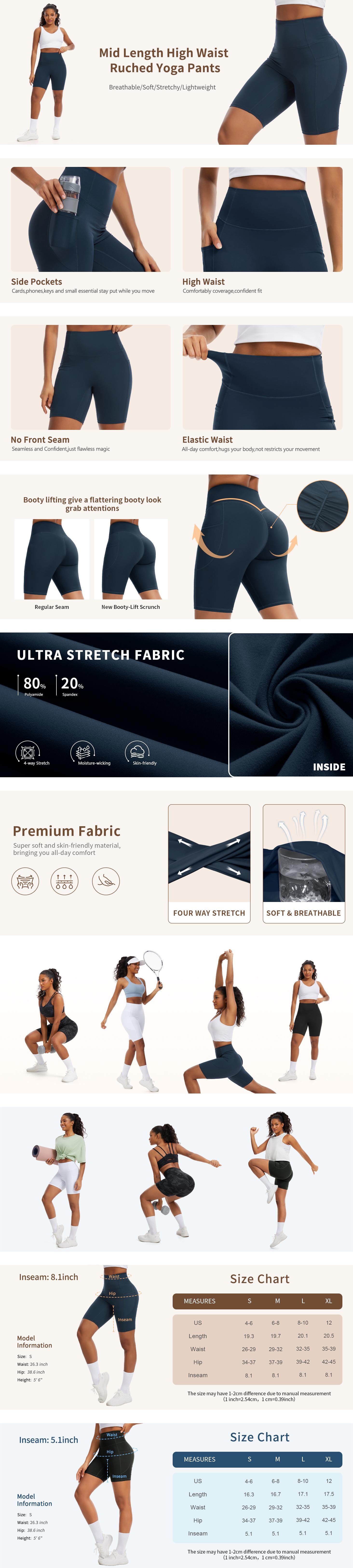 THE GYM PEOPLE Women's 5"/8" High Waist Scrunch Butt Lifting Yoga Shorts No Front Seam Stretchy Ruched Swim/Running/Workout Shorts with Pockets