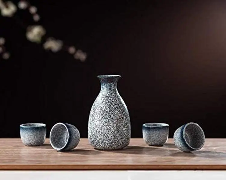 Thy Home 5-Piece Traditional Ceramic Sake Set - Tokkuri Carafe Decanter Bottle, 4 Ochoko Cups, Durable Microwave-Safe Kitchenware for Hot/Cold Sake, Dark Blue & White Stone Design, 5-Piece Gift-Ready Bar Set, Five Pieces
