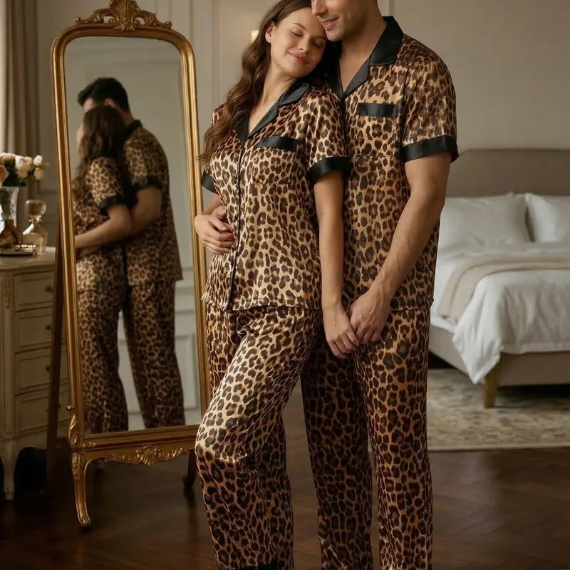 Couple Sleepwear Set, Short Sleeve Long Pants Two-Piece, Comfortable Home, Button Front Lapel Leopard Print, Fashion Casual Experience, Clothes, Clothing