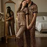 Couple Sleepwear Set, Short Sleeve Long Pants Two-Piece, Comfortable Home, Button Front Lapel Leopard Print, Fashion Casual Experience, Clothes, Clothing