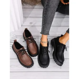 Women's British Style PU Shoes, Spring & Fall Fashion Thick Sole Lace-Up Single Shoes, Casual Oxford, Versatile Casual Footwear