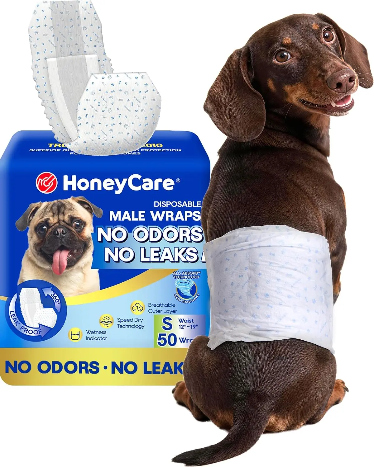 HONEY CARE All-Absorb A26 Male Dog Wrap, 50 Count, Small