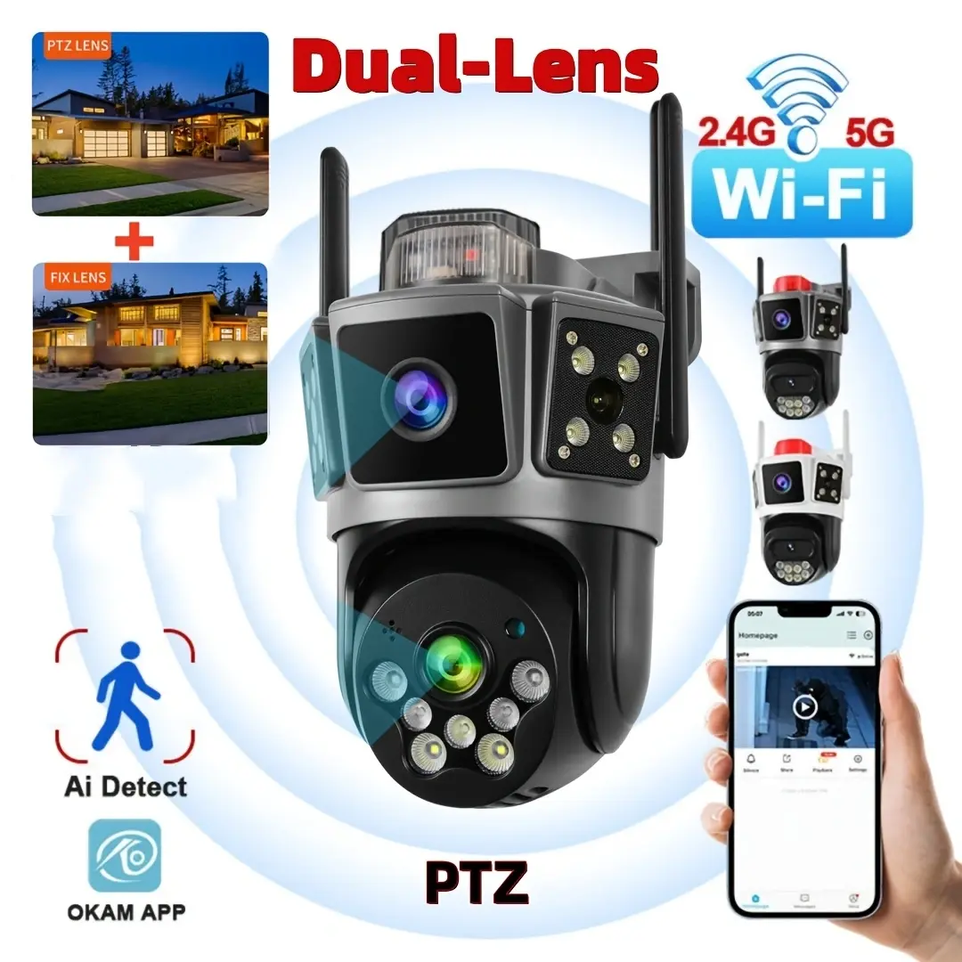 Dual Lens 3-Scene WiFi Security Camera, 355° PTZ. Features color night vision, AI human detection & alarm. Ideal for monitoring elders, kids and pets. Supports WiFi link, APP remote control and cloud storage for home safety.