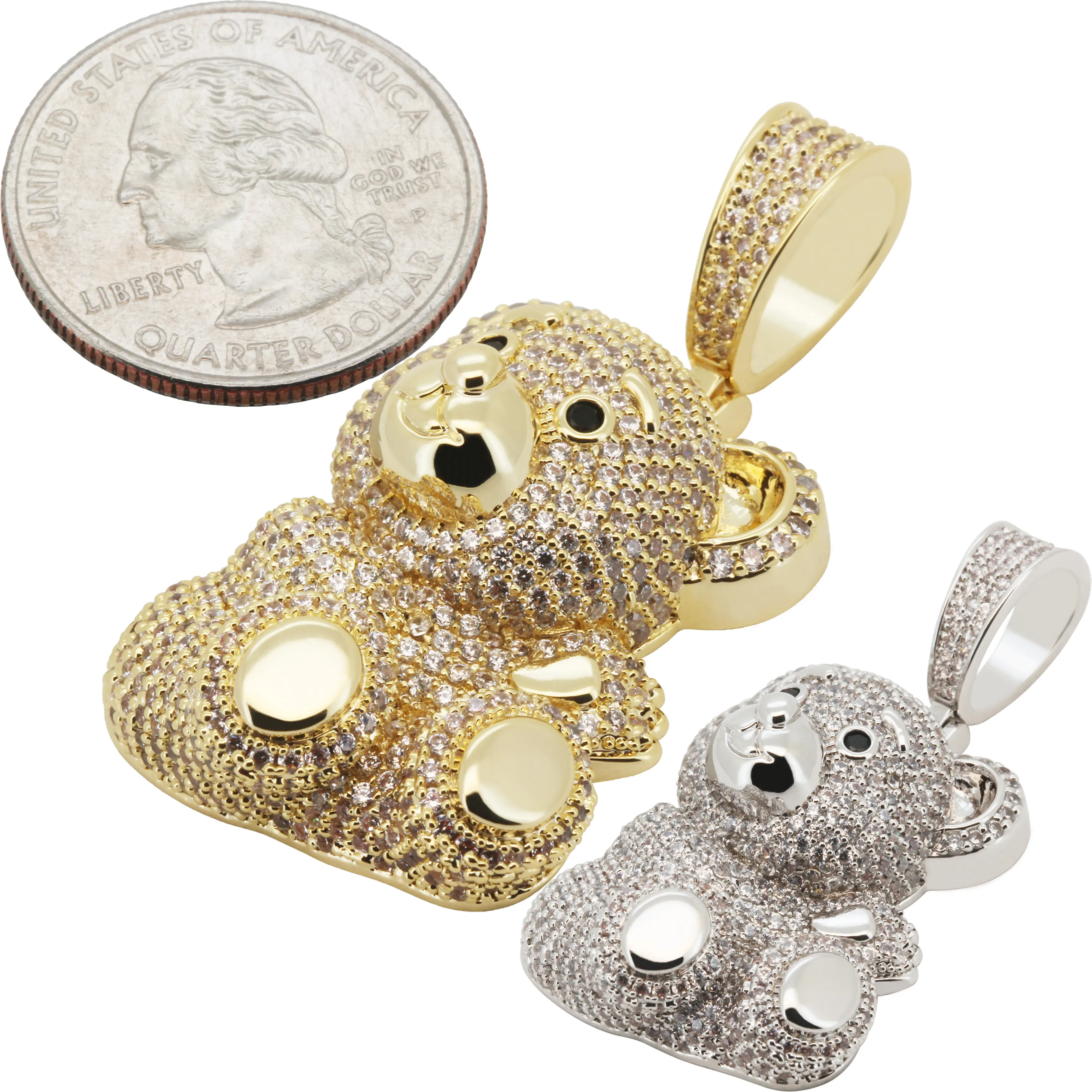 14k Yellow/White Gold Plated AAA Cubic Zirconia Teddy Bear Pendant