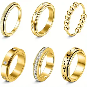 Set of 6 Fidget Rings Made of 201 201 Stainless Steel, Designed to Help Alleviate Anxiety. These Spinner Rings Feature Cool Moon And Star Designs, Perfect for Stress Relief for Both Men And Women