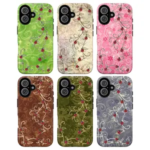 Ladybug Vine Phone Case, Vintage Coquette Aesthetic Cover, Cottagecore Floral Swirl Design, Cute Red Ladybug Pattern Protective Case for iPhone 17 16 15 14 13 12  Pro Max & Samsung Galaxy S25 S24 S23, Nature Inspired Gift for Her