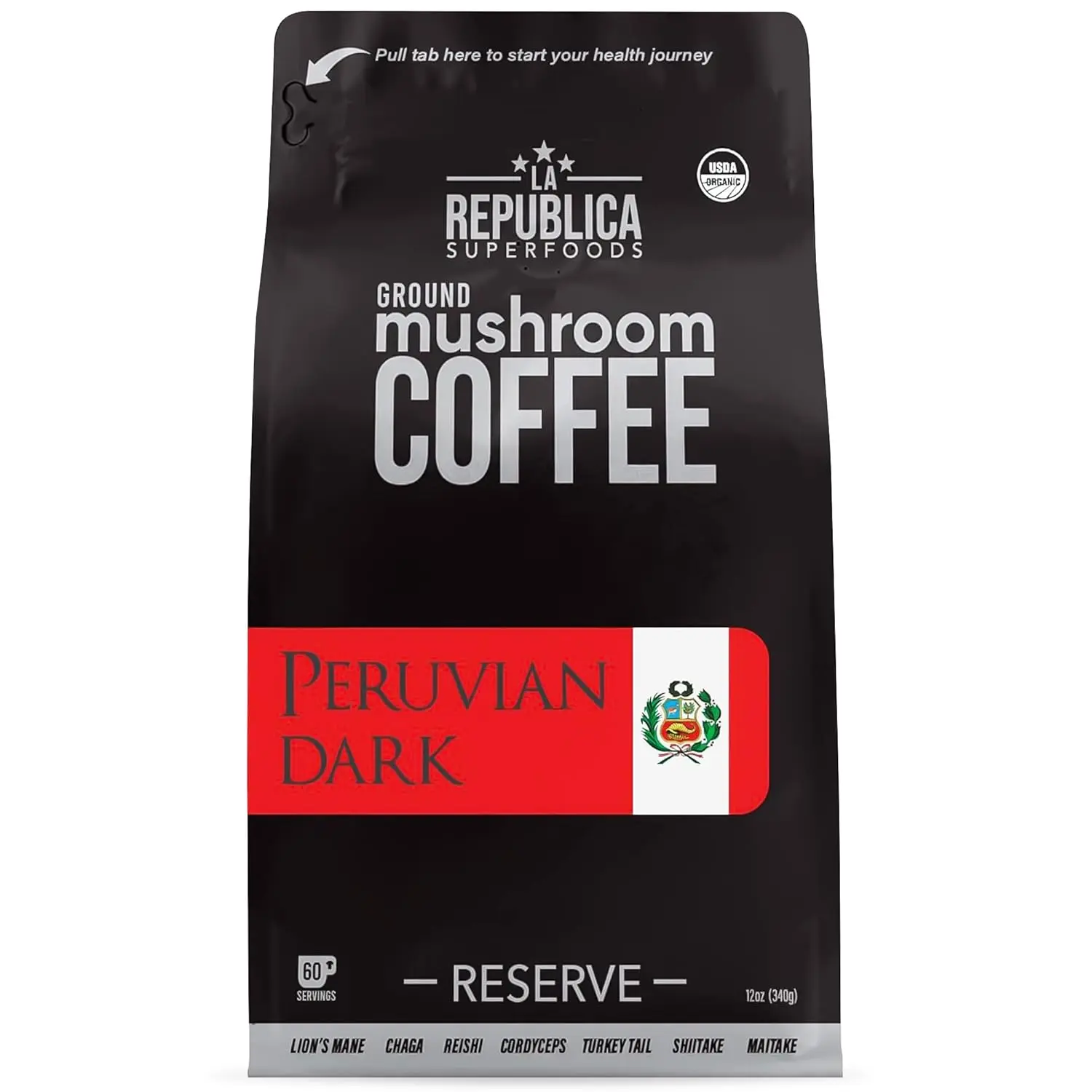 La Republica Peruvian Dark Reserve Coffee Ground for Espresso Maker (Lion's Mane, Reishi, Chaga, Dark Roast, 60 Servings)