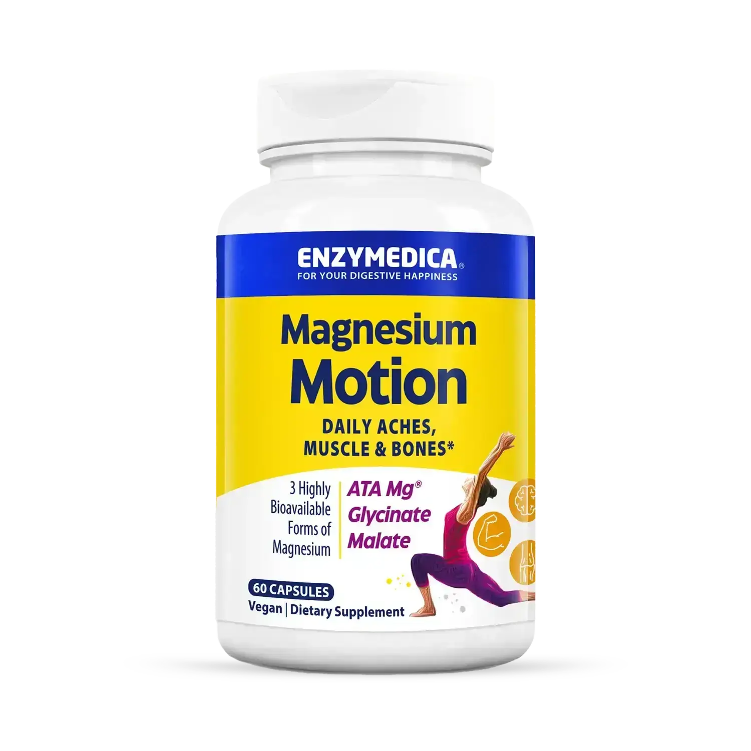 Enzymedica Magnesium Motion Supplement for Women & Men - Triple Magnesium Complex, ATA Mg, Malate & Glycinate, Muscle & Bone Health Support Capsules, High Bioavailability, Vegan, Gluten Free - 60 Caps