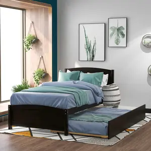 [Fahuac] Twin Size Modern Platform Bed with Roll-Out Trundle, Solid Wood Guest Bed Frame with Slats, No Box Spring Needed, Space Saver for Kids Sleepovers