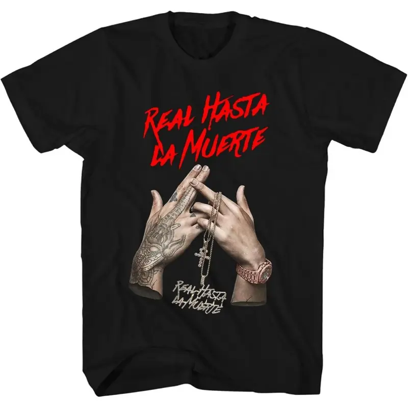 Men's Round Neck Short-Sleeve Cotton Fabric Relaxed Fit Real Hasta La Muerte Tattoo Hands Graphic T-Shirt, Summer Casual Hip Hop Streetwear Top, Shortsleeve, Tshirt