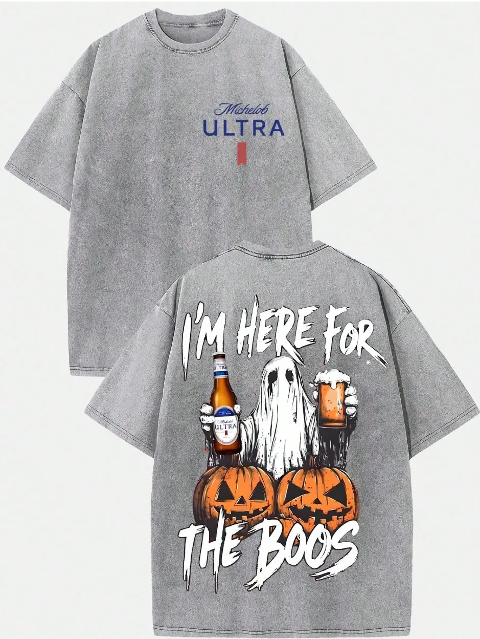 Menswear 230g Washed Cotton T-Shirt, Halloween Spooky Michelob Ultra Ghost "I'm Here For The Boos" Graphic, Loose Casual Round Neck Short Sleeve Tee, Jeans
