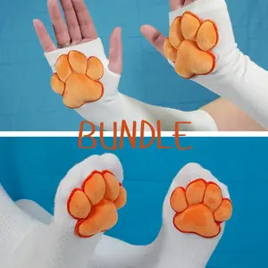 BUNDLE: Orange Plush Paw Pads on White Fingerless Gloves and Socks
