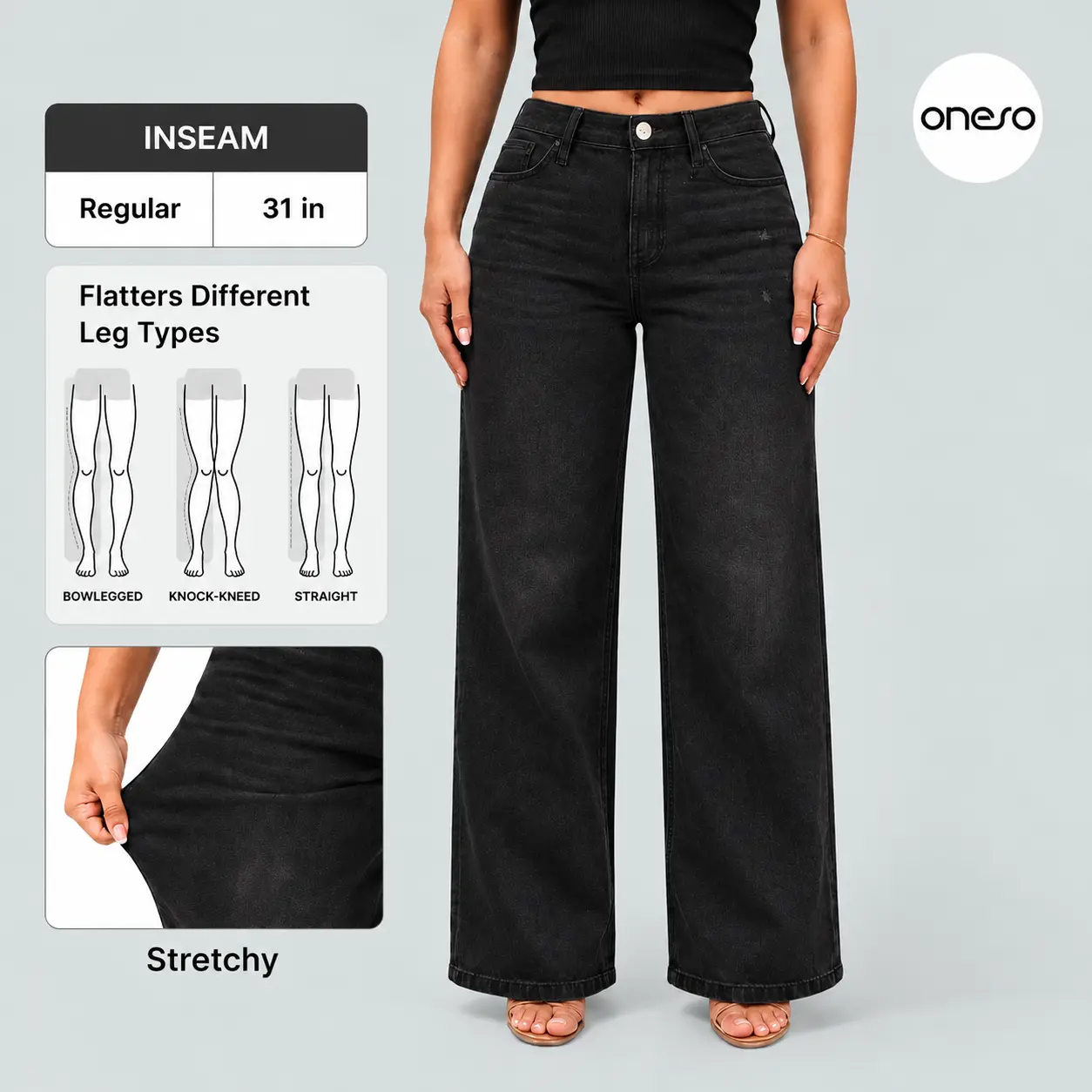 Magic ONESO Black Tummy Control BBL Jeans for Women Mid-Low Rise Stretch Baggy Fit Comfortable Wide Leg Distressed Denim Minimalist Basic Trouser