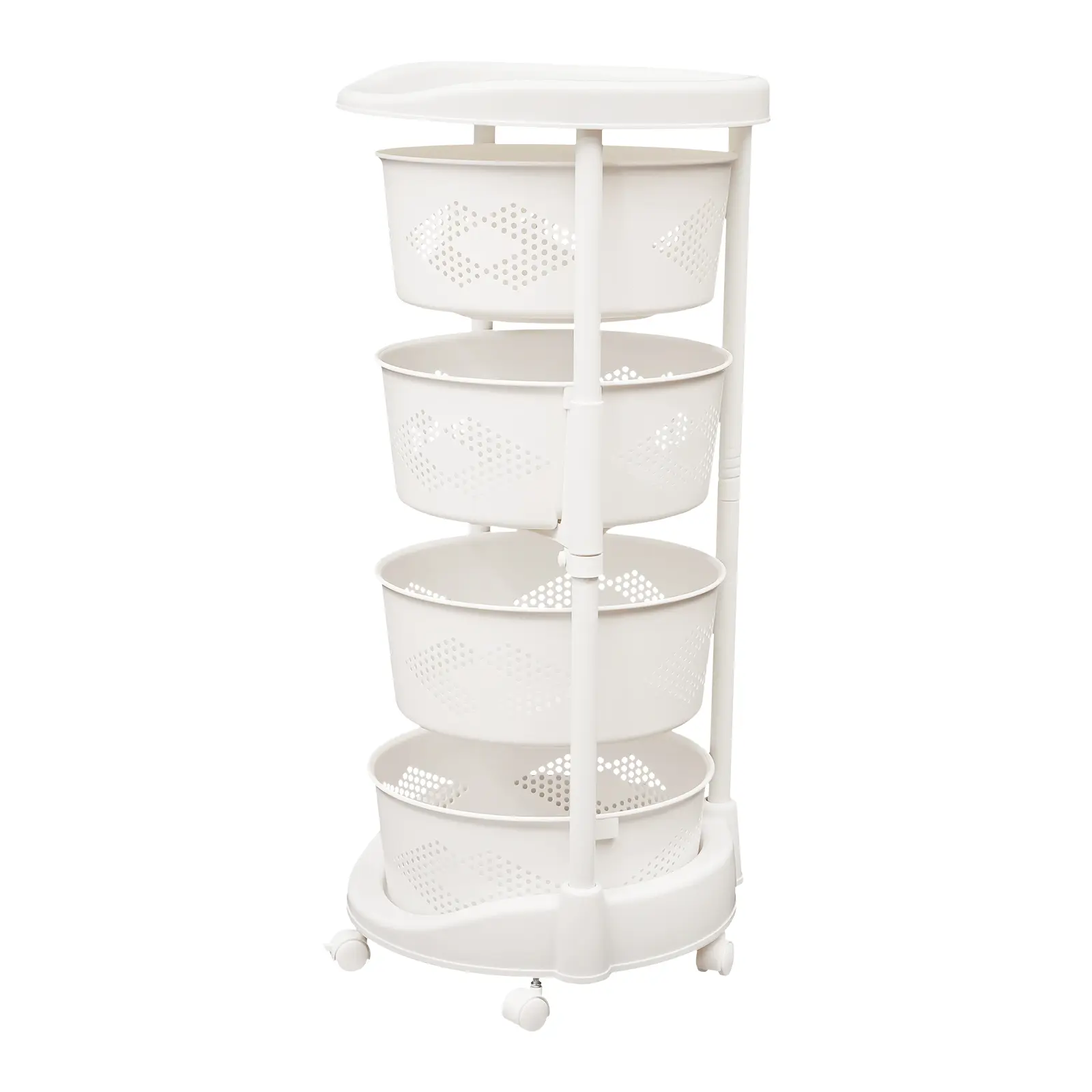 4-Tier Rotating Plastic Organiser Rack - Wheel-Based Freestanding Utility Cart with 4 Adjustable Baskets, 40kg Capacity for Bathroom, Kitchen