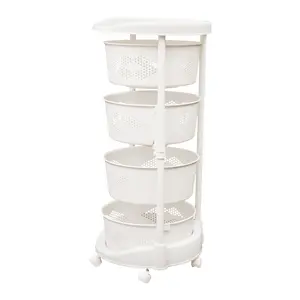 4 Tier Rotating Storage Cart with Wheels White Rolling Organizer Rack for Kitchen Bathroom Bedroom Office Freestanding Adjustable Shelves Mobile Storage Unit Spin-to-Find Design Adjustable Heights 360° Swivel Wheels Modern Minimalist Design