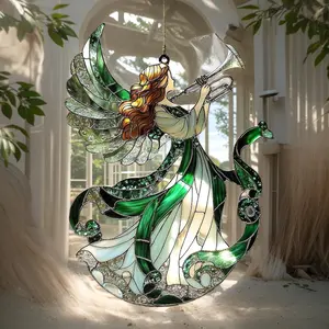 Green Angel Acrylic Suncatcher, Celestial Window Hanging, Trumpet Ornament, Guardian Angel Decor, Spiritual Gift For Christmas