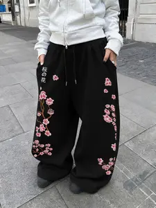 Unisex Waist Drawstring Straight Leg Pants, Fitted, Floral & Geometric Print, Casual Comfortable Daily Wear, All Seasons, Sporty & Home Clothing, Bottoms