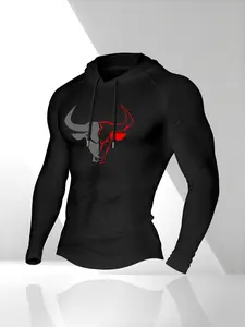 Men's Bull Head Colorblock Long Sleeve T-Shirt, Drawstring Hooded Sportswear, Casual Outdoor Fitness Wear, Athletic Fashion Activewear