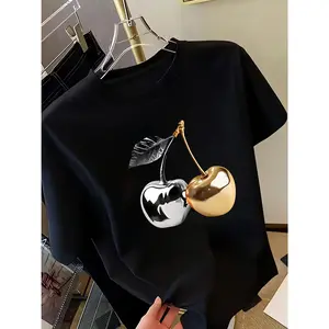 Golden Cherry Printed Short-Sleeve T-Shirt For Women, Fashionable Casual Tee, High-End Feel, Women'S Casual Versatile Top, Daily Fashion |   Comfortable Soft Fabric |   Spring/Summer Women'S Tshirt