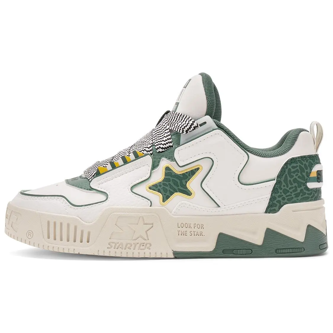 Men's STARTER Retro 90s Turtle Low-Top Casual Sports Shoes - Trainer, Athletic Closed-Toe Design, Star Bread Pattern, Crackle Detailing, Non-Slip Thick Sole, White-Green