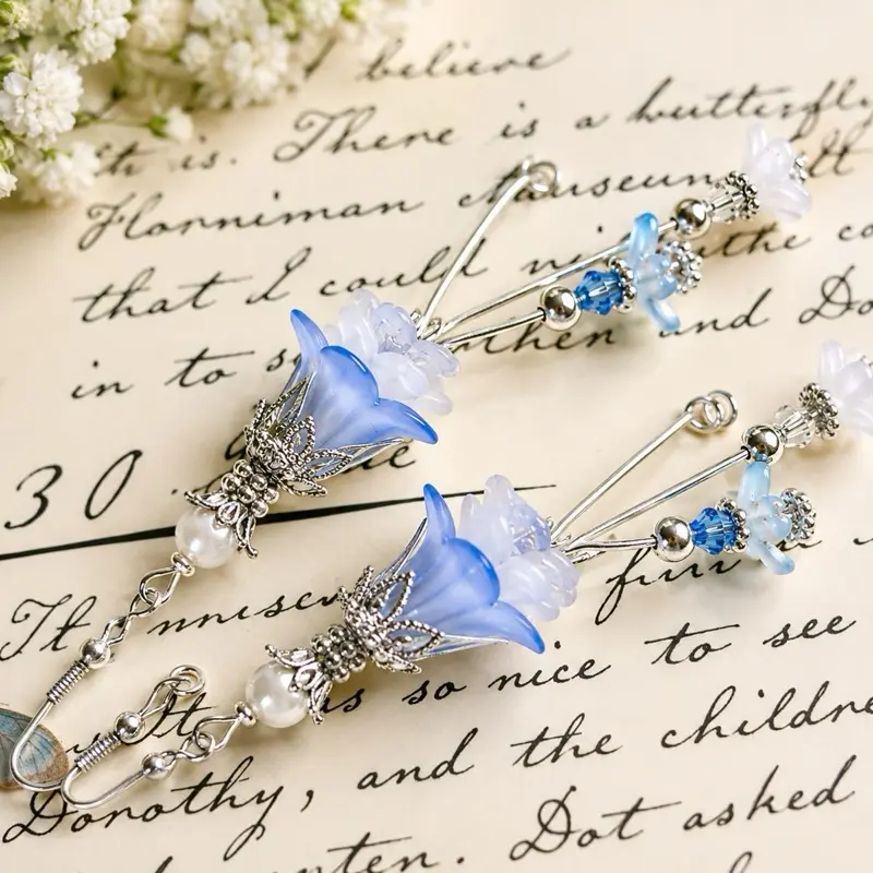 Fairytale-Inspired Blue  Flower Earrings, Vintage Long Dangling Princess Cinderella Fairycore Jewelry Cosplay cottagecore style