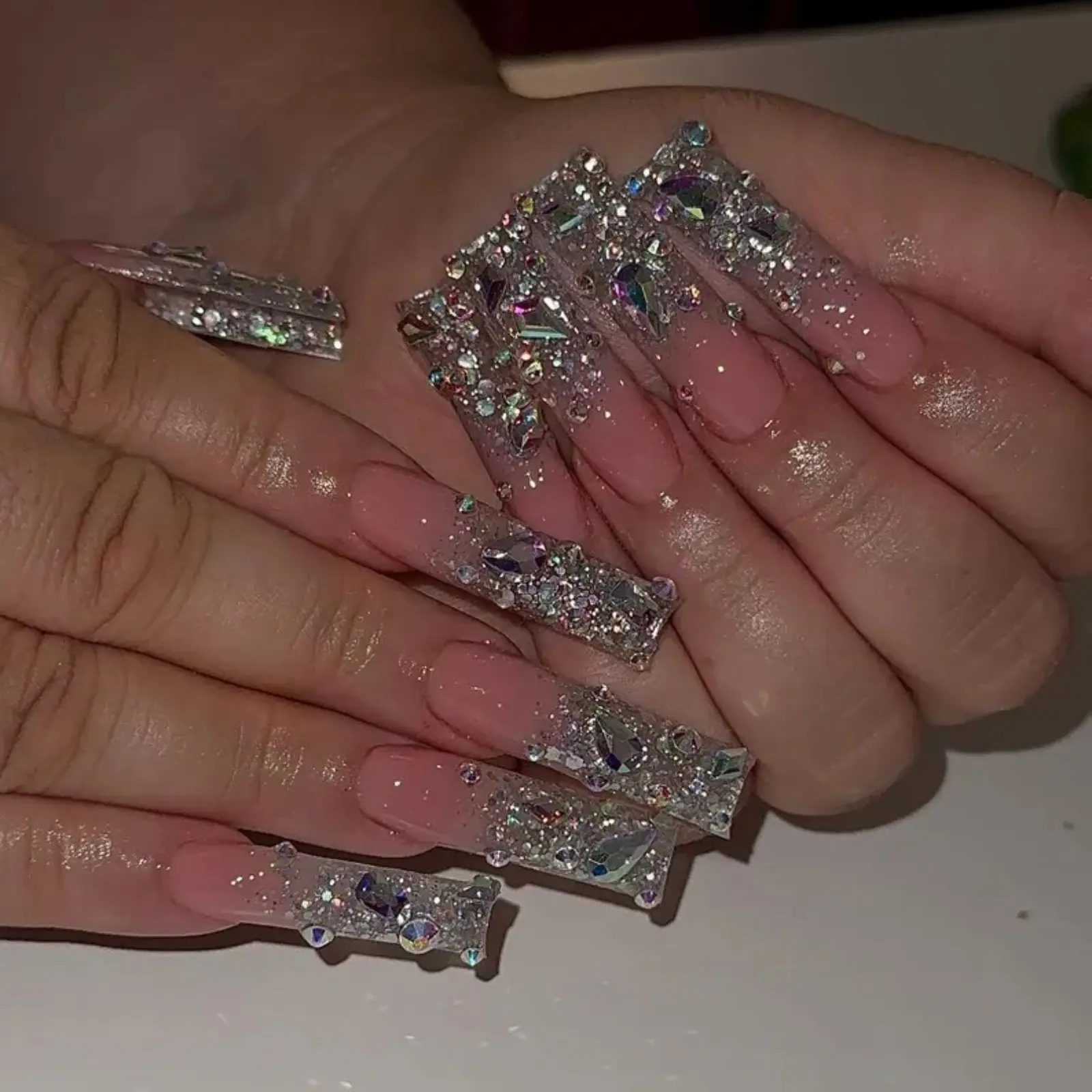 Pink Crystal Rhinestone Glam Nails with Sparkling 3D Embellishments/Luxury 3D Rhinestone Clear Tip Press On Nails | Bling Crystal Ombre XL Square Fake Nails | Prom, Birthday and Party Nail Art