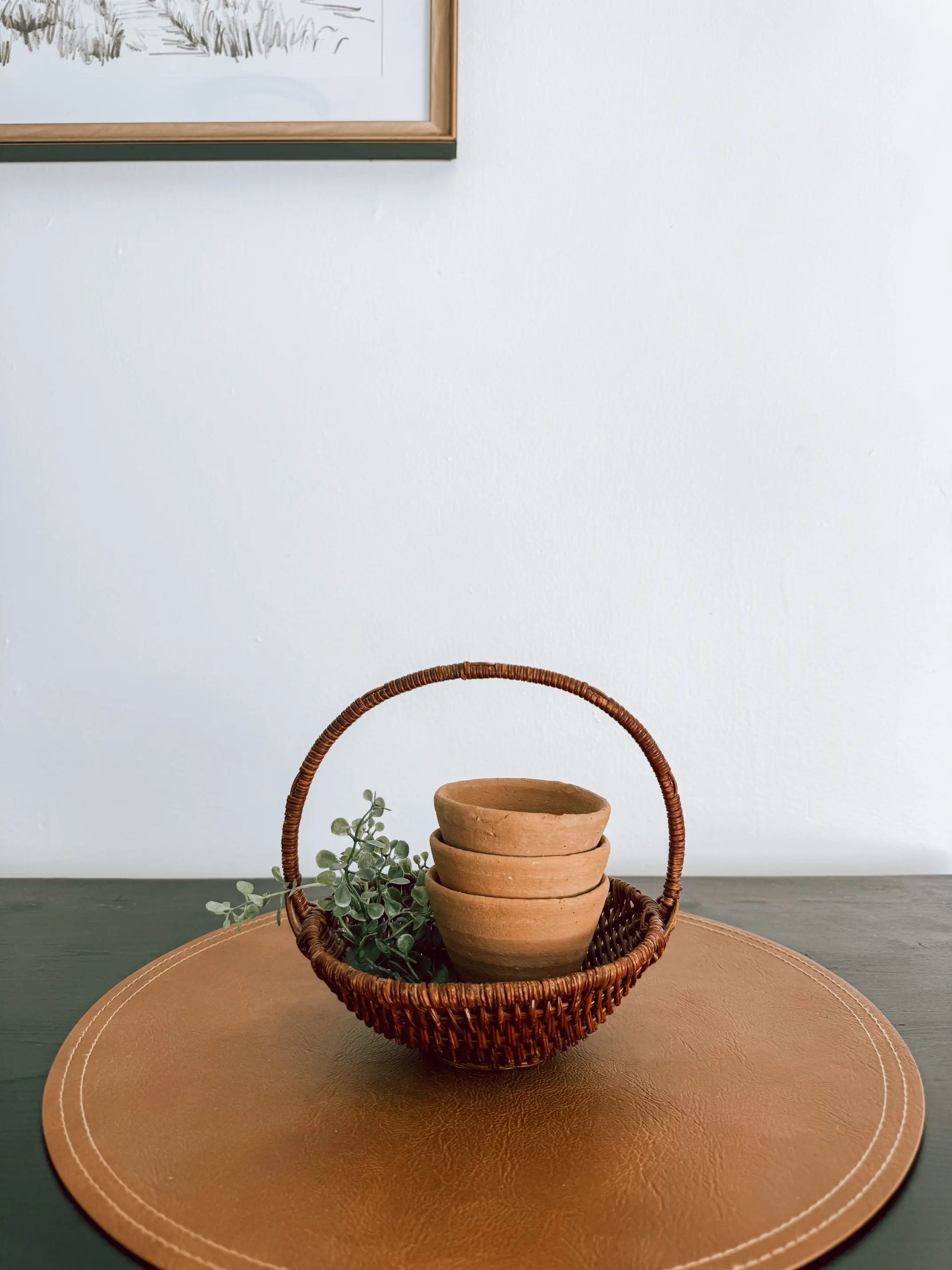 Rustic farmhouse mini basket and clay planter décor Easter boho decor Small decorative basket and planter set for home accents Clay planters