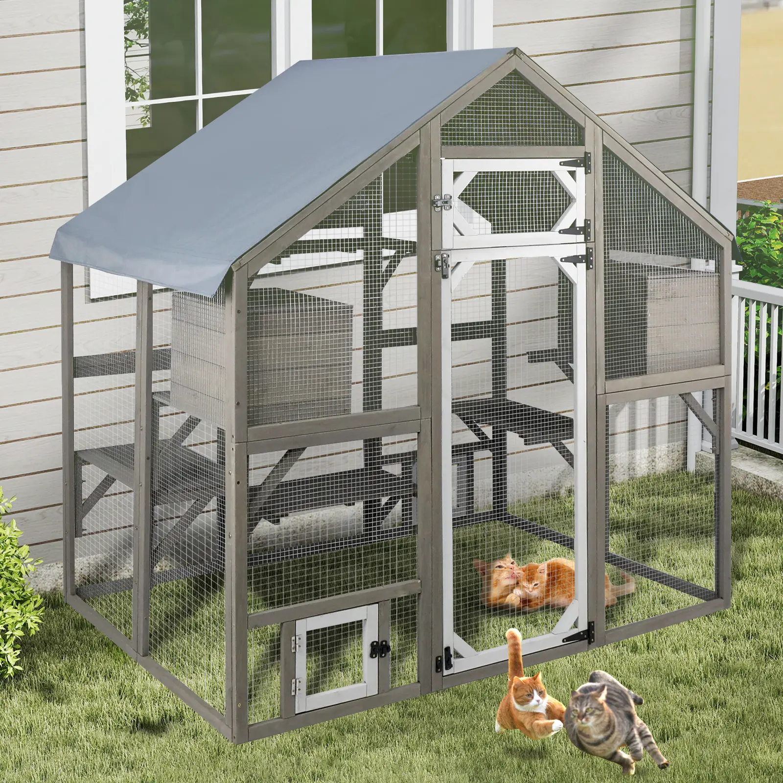Petscosset House-Shaped Large Wooden Catio Enclosure, 22.81 sq ft Spacious Space for 2-6 Cats, Detachable Waterproof UV Resistant Roof, 6 Jumping Platforms, 2 Private Resting Boxes, Multiple Lockable Safety Doors, Walk-In Design