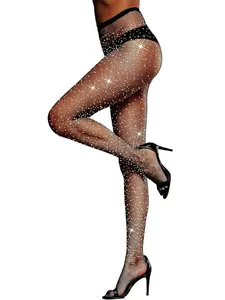 Women's Rhinestone Sheer High Waist Fishnet Tights, Womenswear Sexy Glittering Comfy Mesh Pantyhose for Party, Ladies Stockings for All Seasons