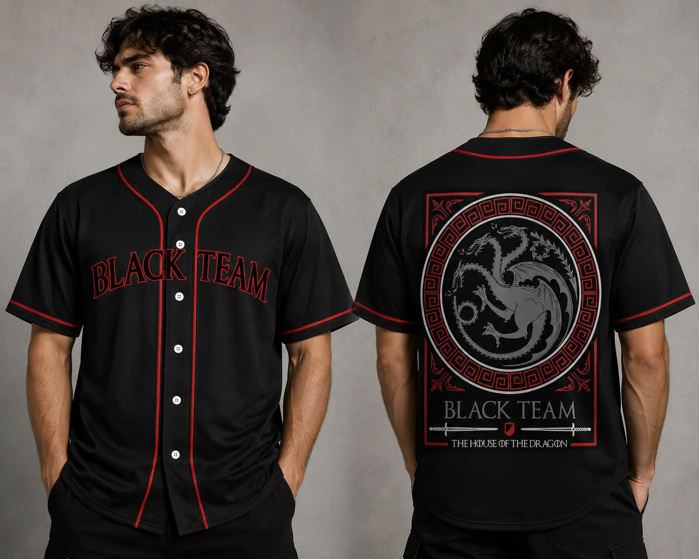 House of the Drag0n Baseball Jersey Collection - Choose Team Green or Team Black - Epic Targaryen Three-Headed Dragon Sigil Art Button Down Shirt for GOT Fans