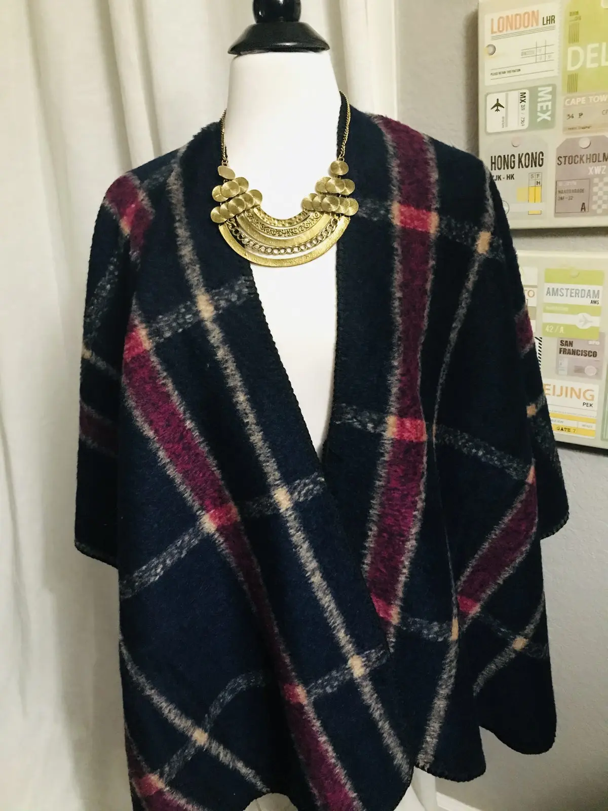 Navy & Pink Plaid Blanket Poncho Shawl Wrap Cape