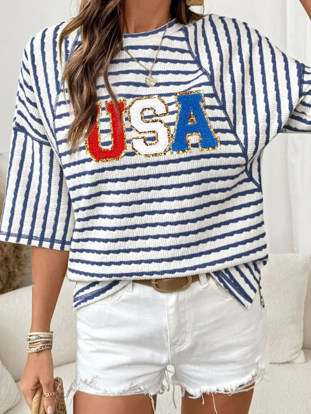 PHEFEE Women's Striped Short Sleeve Top Casual Loose Crinkle Fabric Round Neck Blouse Summer Daily Shirt