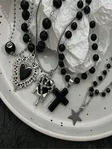 6Pcs Dark Romantic Layered Necklace Set, Black Beaded Sacred Heart Cross 8-ball Star Pendant, For Women