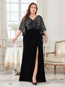 Women's Plus Size Sequined Velvet Bodycon Dress, High Slit Evening Party Gown, Backless Maxi Dress for Special Occasions, Short