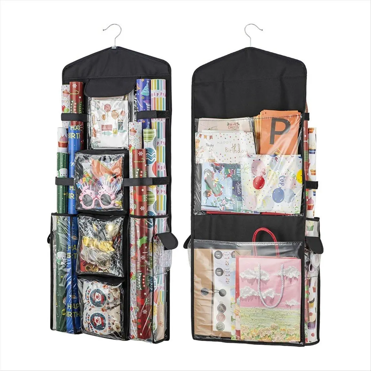 Wrapping Paper Organizer and Gift Wrap Store, Double-Sided Waterproof Oxford Cloth Holder with 9 Pockets for Tissue & Christmas Supplies, Wedding, Birthday, Zipper, Wardrobe