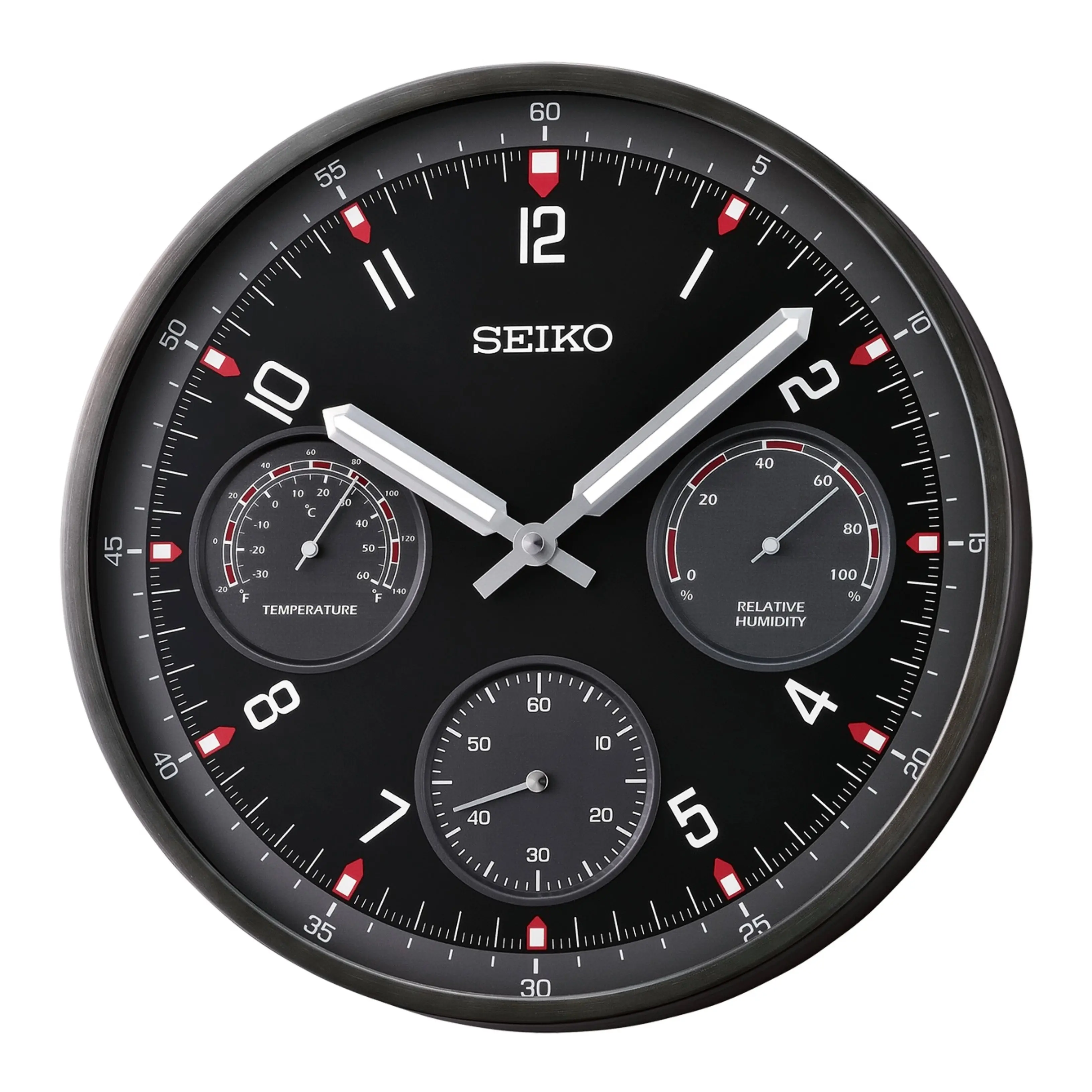 Seiko QXA823KLH "Shelby Watch Dial" Black Heritage Design Luminous Metal Wall Clock with Thermometer, Hygrometer, & Seconds Dial