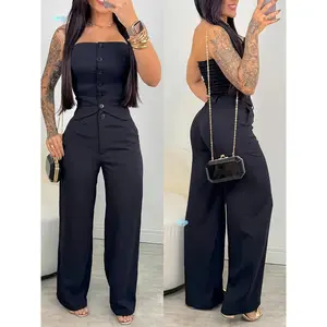 Women's 2 Pieces Bandeau Button Decor Vest Top and Casual Wide Leg Pants Set Travel Outfit Black Minimalist Clothes Suits Spring Break Outfit Strapless Pants Set
