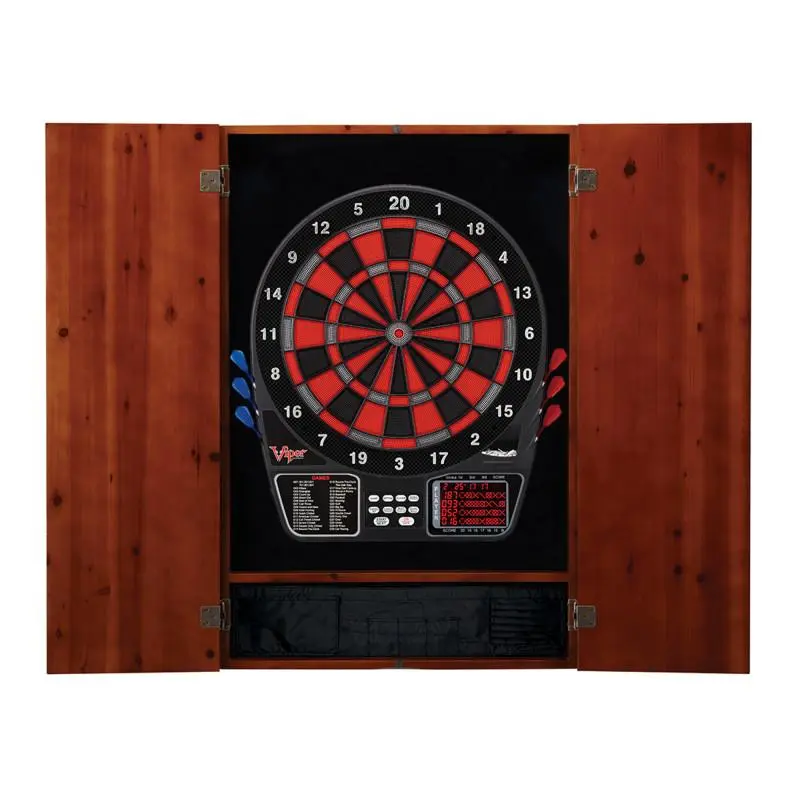Viper Metropolitan 797 Classic Solid Pine Wood Electronic Dartboard Cabinet Set, Cinnamon Finish - 15.5 in. Regulation Target Face, Dual Display, Supports Up To 16 Players, Soft Tip Darts, Concave Segment Holes, Minimizes Bounce-Outs, Game Night Addition