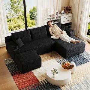 【Sub 2 packages】Niccae 95" Cloud Sectional Sofa with 1 Ottoman,Modern Minimalist Upholstered Couches, Comfort U Shaped Sofa for Living Room,Deep Seat Corner Couch,No Assembly Required,Black (Plush Corduroy Fabric)