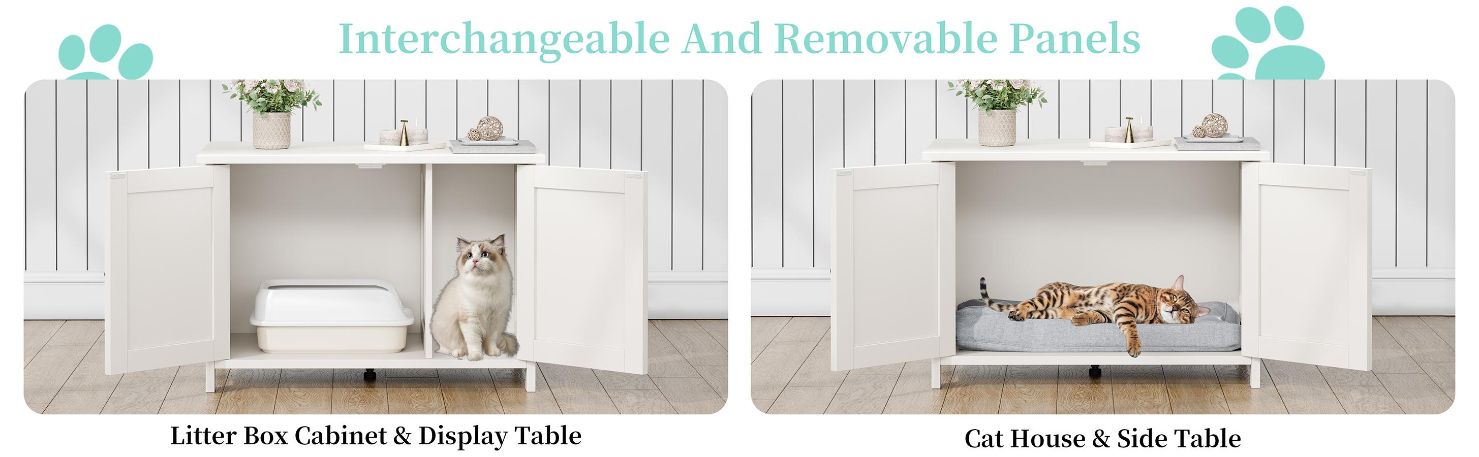 Walsunny Cat Litter Box Furniture with Removable Divider, Hidden Enclosure and End Table - White, Brown, Gray Wood
