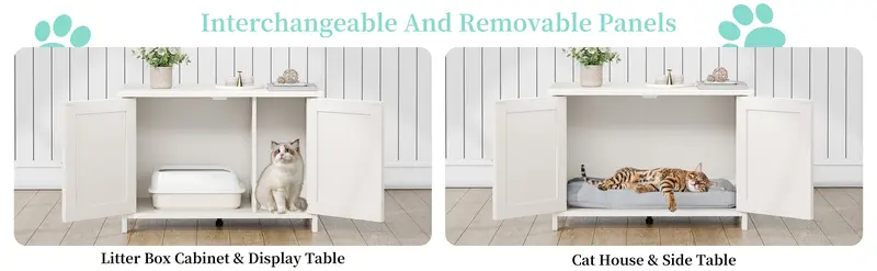 Walsunny Cat Litter Box Furniture with Removable Divider, Hidden Enclosure and End Table - White, Brown, Gray Wood