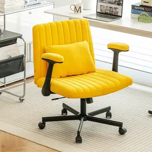 Luxurious Modern Linen Fabric Yellow Criss-Cross Base Office Chair Model 857 - Ergonomic, Adjustable Height, 360° Swivel, Tilt Mechanism, Rolling Wheels, Additional Pillow, Durable, Assembly Required for Home Office Work