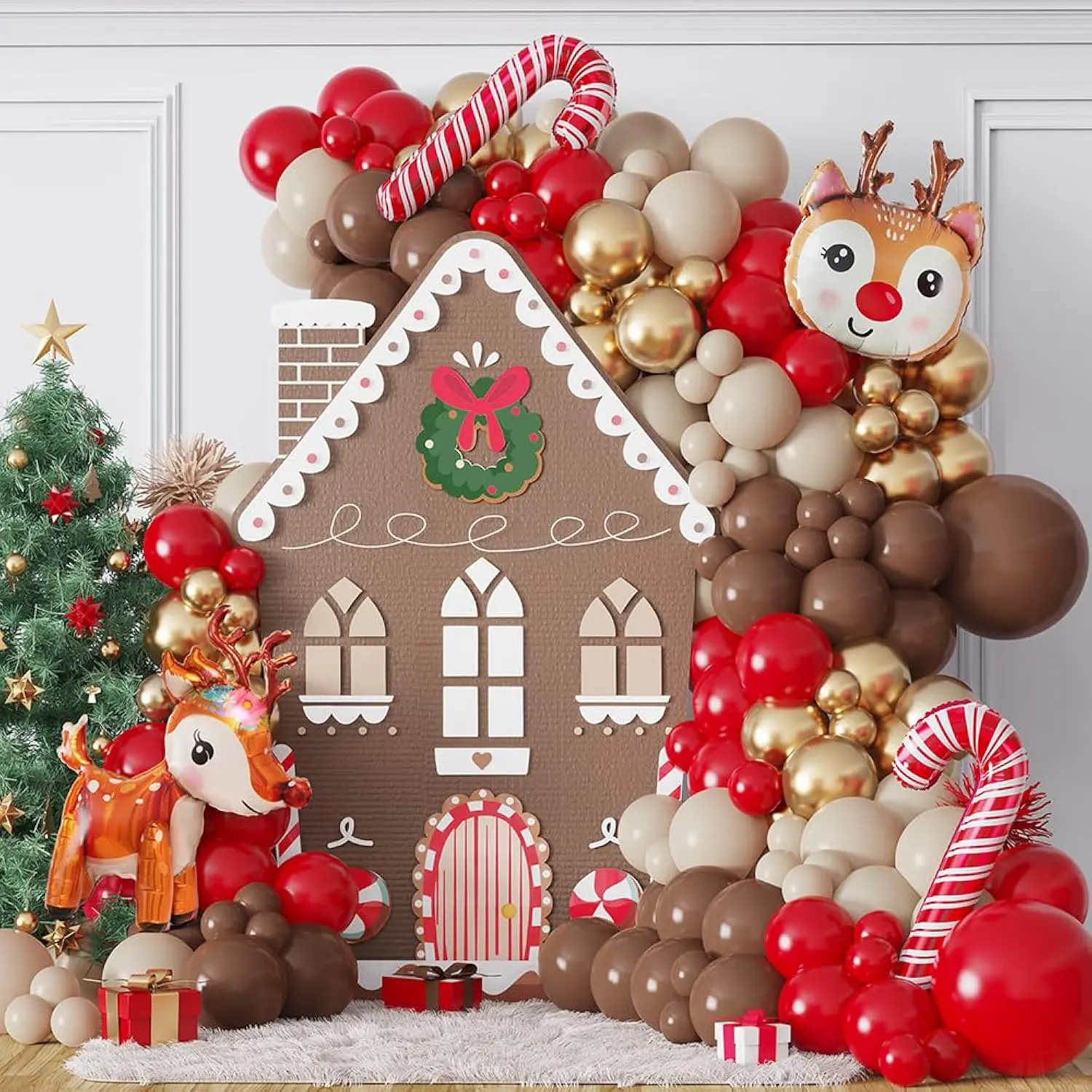 138Pcs Christmas Reindeer Balloon Garland Arch Kit Red Brown Sand White Gold Balloons With Moose Elk Deer Candy Cane Foil Balloon For Christmas Woodland Party Xmas Winter New Year Party Decorations
